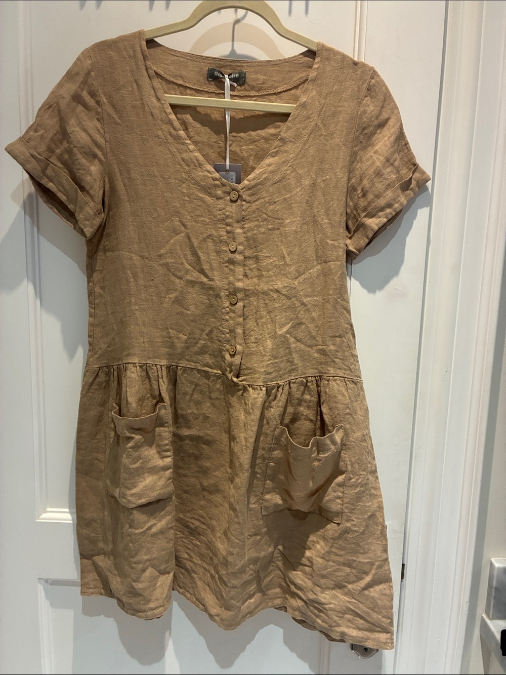 Relaxed Short-Sleeve Linen Dress in Tan
